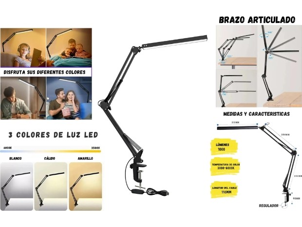 &ua LAMPARA VELADOR LED BRAZO ARTICULADO CON MORSA (81012)